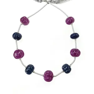 Blue SAPPHIRE Red RUBY Gemstone Carving Loose Beads: 51.67ct Natural Untreated Round Shape Hand Carved Melon Beads 8.5mm - 10mm