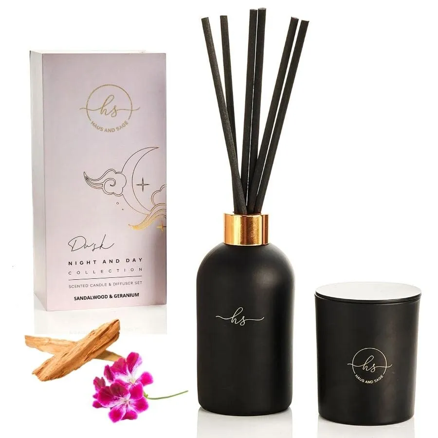 Reed Diffuser & Luxury Scented Candle Gift Set - 6.8 fl oz Sandalwood Geranium Reed Diffuser with 6.5oz Candle with Lid - 6 Fiber Diffuser Sticks