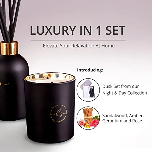 Reed Diffuser & Luxury Scented Candle Gift Set - 6.8 fl oz Sandalwood Geranium Reed Diffuser with 6.5oz Candle with Lid - 6 Fiber Diffuser Sticks