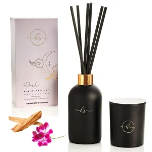 Reed Diffuser & Luxury Scented Candle Gift Set - 6.8 fl oz Sandalwood Geranium Reed Diffuser with 6.5oz Candle with Lid - 6 Fiber Diffuser Sticks