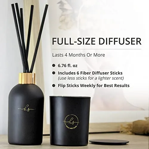 Reed Diffuser & Luxury Scented Candle Gift Set - 6.8 fl oz Sandalwood Geranium Reed Diffuser with 6.5oz Candle with Lid - 6 Fiber Diffuser Sticks