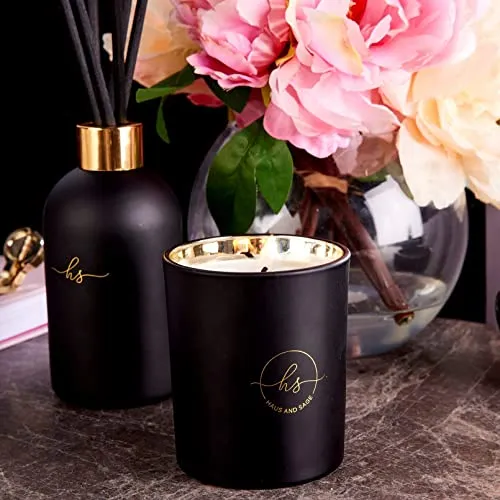Reed Diffuser & Luxury Scented Candle Gift Set - 6.8 fl oz Sandalwood Geranium Reed Diffuser with 6.5oz Candle with Lid - 6 Fiber Diffuser Sticks