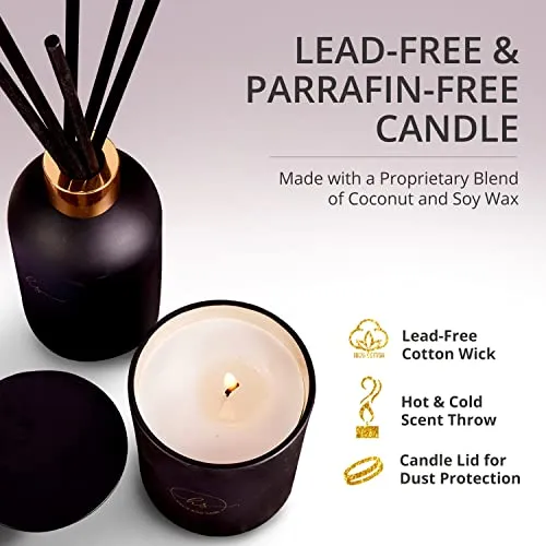 Reed Diffuser & Luxury Scented Candle Gift Set - 6.8 fl oz Sandalwood Geranium Reed Diffuser with 6.5oz Candle with Lid - 6 Fiber Diffuser Sticks
