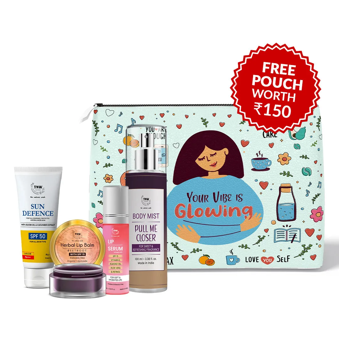 Travel Essential Kit (Sun defence SPF50, Herbal lip balm, Lip serum, Body mist pull me closer   Get a FREE Pouch)