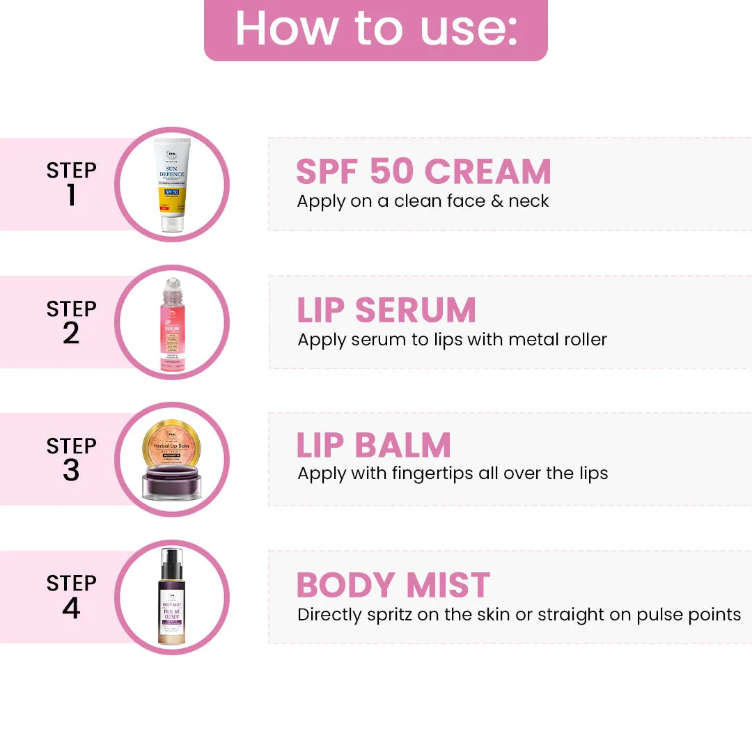 Travel Essential Kit (Sun defence SPF50, Herbal lip balm, Lip serum, Body mist pull me closer   Get a FREE Pouch)